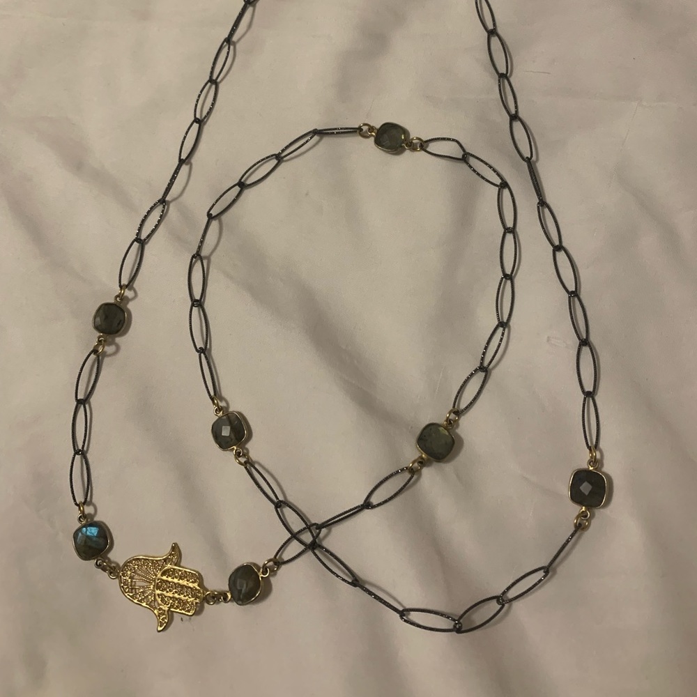 Black Necklace with Gold Hamsa Hand & Stone Accents